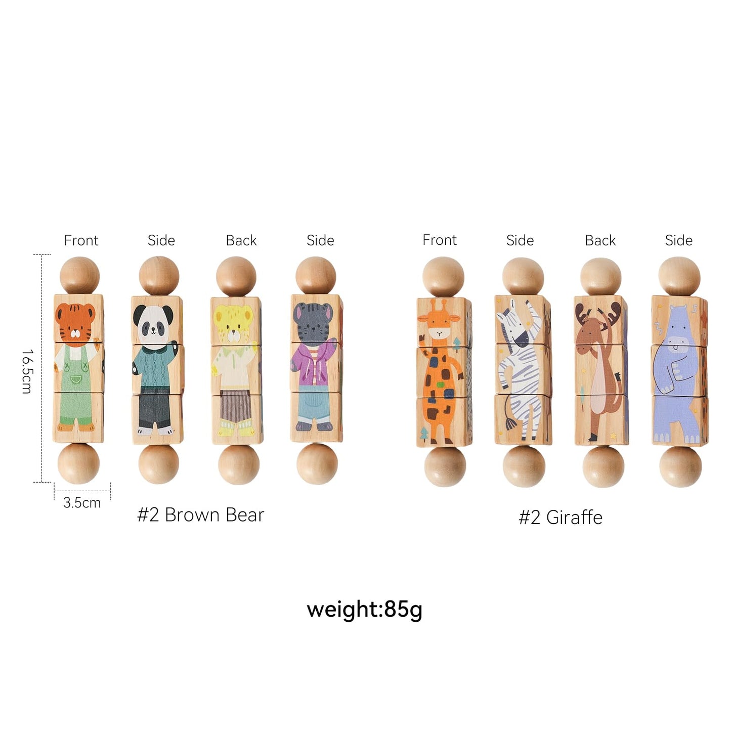 Promise Babe Wooden Animal Puzzle Toy for Toddlers 1-3, Rotating Spin Twist Blocks Set of 2, Learning Educational Montessori Toy Gifts for Kids Boys Girls, Giraffe & Brown Bear