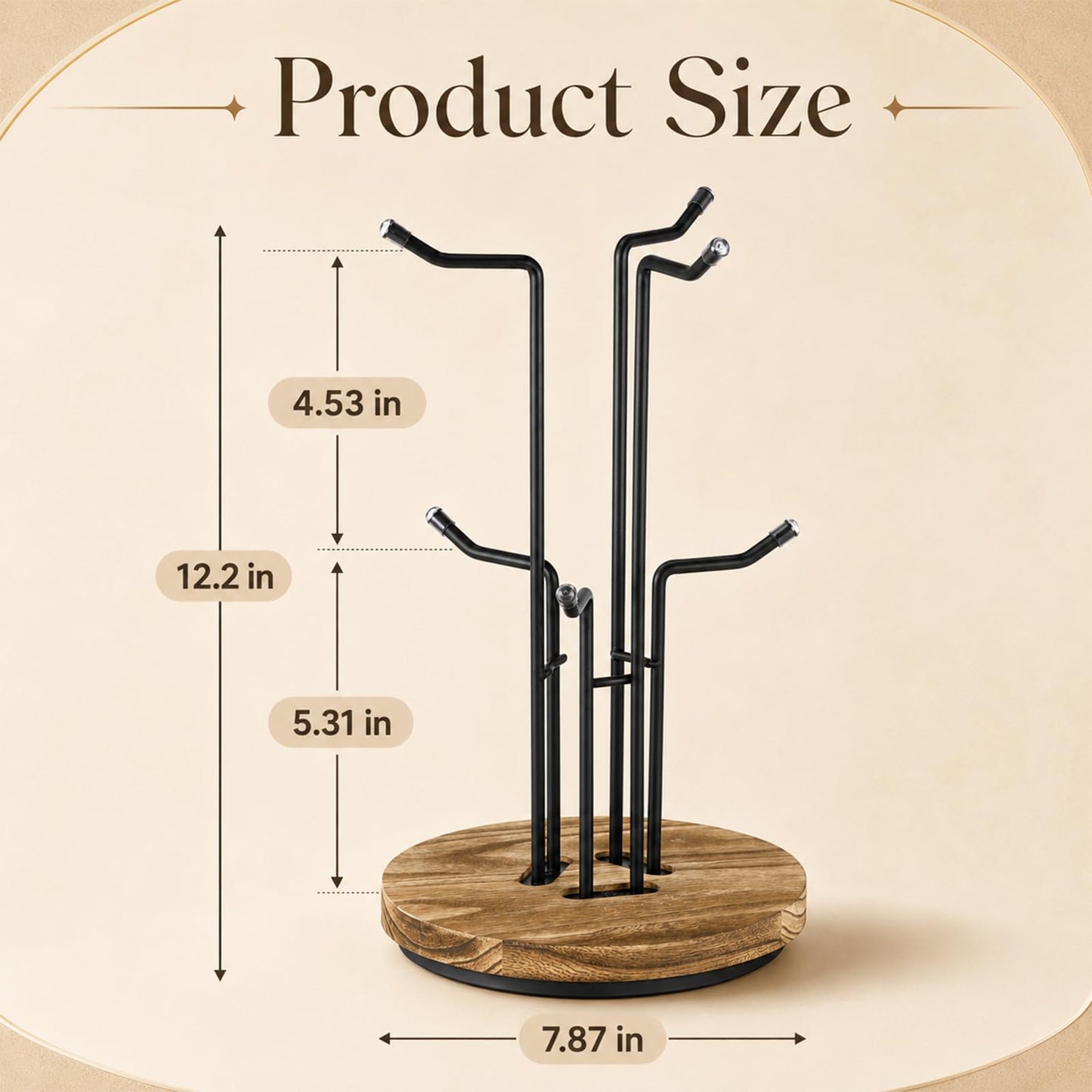 Skdqiee 360° Rotating Mug Tree, 2-Tier Countertop Coffee Mug Holder with Weighted Wooden Base, Metal Cup Hook Rack for Kitchen Coffee Bar & Home Decor