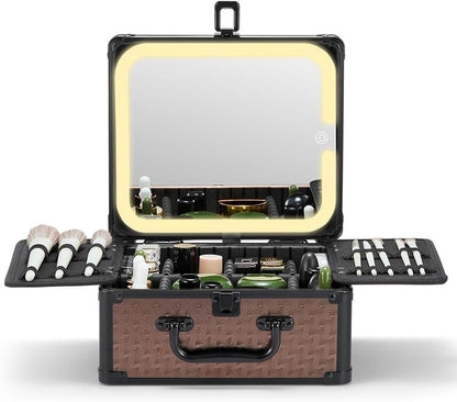 Qislee Makeup Box with A Detachable Lighted Mirror, Waterproof Travel Train Case, Cosmetic Organizer and Makeup Suitcase with Adjustable Dividers, Magnetic LED Mirror(Golden Brown)