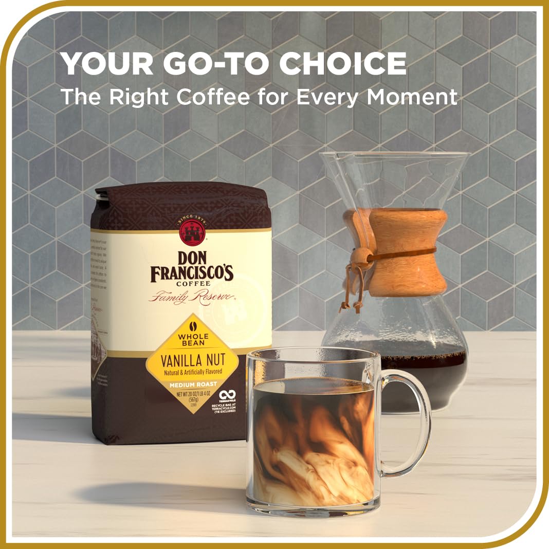 Don Francisco's Vanilla Nut Whole Bean Coffee, Medium Roast – Flavored 100% Arabica,20 oz Bag, Premium Coffee for Drip, Pour Over & French Press