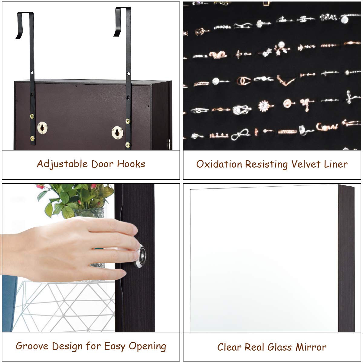 OFFICEJOY Wall/Door Mounted Jewelry Armoire w/Full-Length Mirror & LED Lights, Lockable Jewelry Armoire Mirror Organizer, Jewel Storage Hanging Cabinet w/Scarf Rod, 36 Hooks, 1 Makeup Pouch (Coffee)