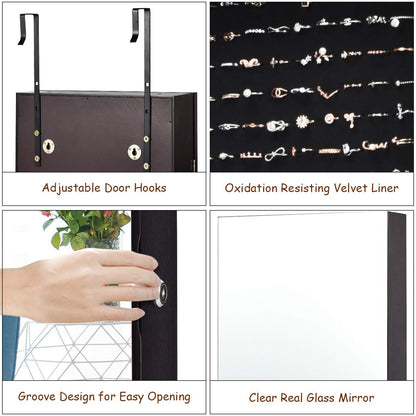 OFFICEJOY Wall/Door Mounted Jewelry Armoire w/Full-Length Mirror & LED Lights, Lockable Jewelry Armoire Mirror Organizer, Jewel Storage Hanging Cabinet w/Scarf Rod, 36 Hooks, 1 Makeup Pouch (Coffee)