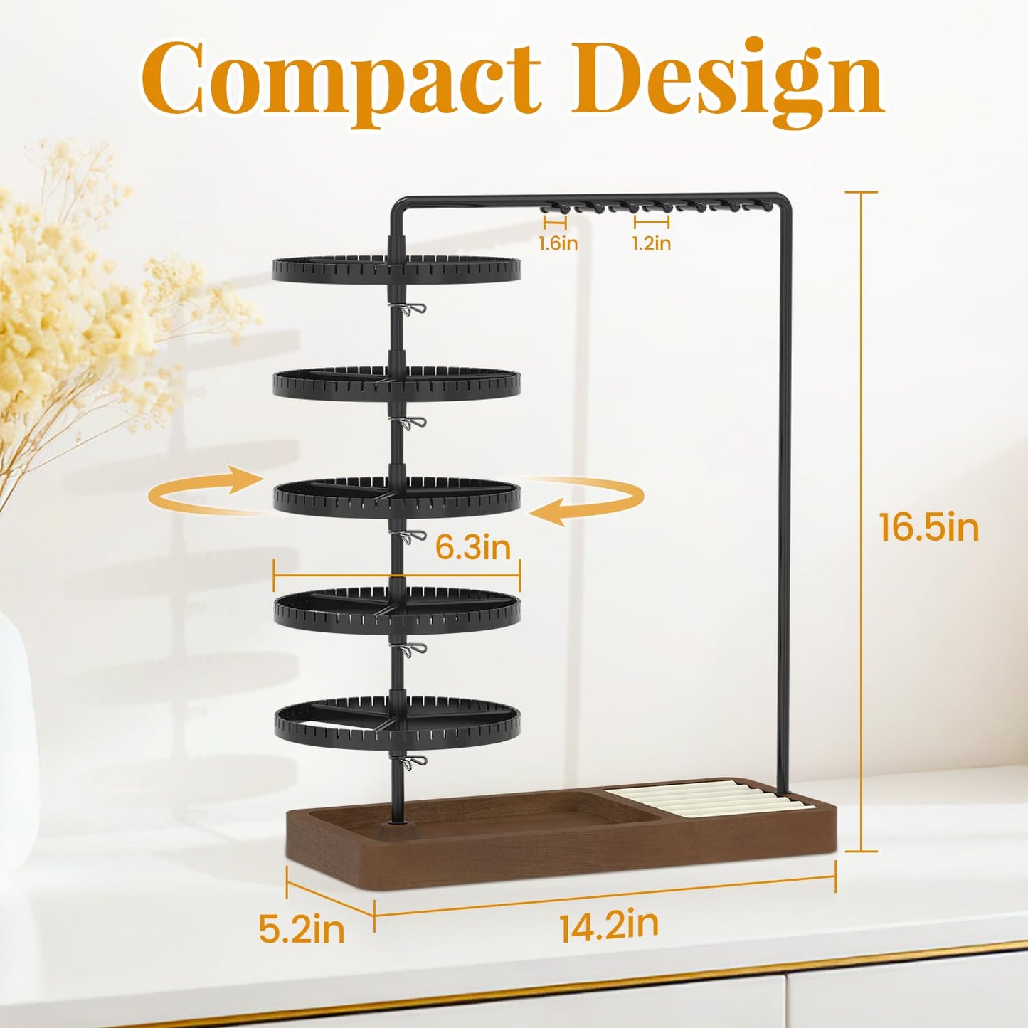 EsLuker.ly Earring Holder Organizer Necklace Display Stand, Jewelry Tree Rack Storage with Wooden Ring Tray for Women Vendors Selling, 5 Tier Plastic Rotating Earring Tower, Prevent Tangling and Mess