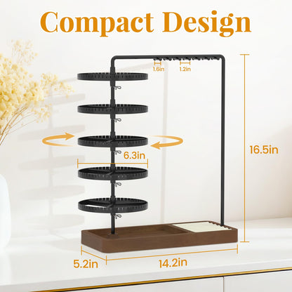 EsLuker.ly Earring Holder Organizer Necklace Display Stand, Jewelry Tree Rack Storage with Wooden Ring Tray for Women Vendors Selling, 5 Tier Plastic Rotating Earring Tower, Prevent Tangling and Mess
