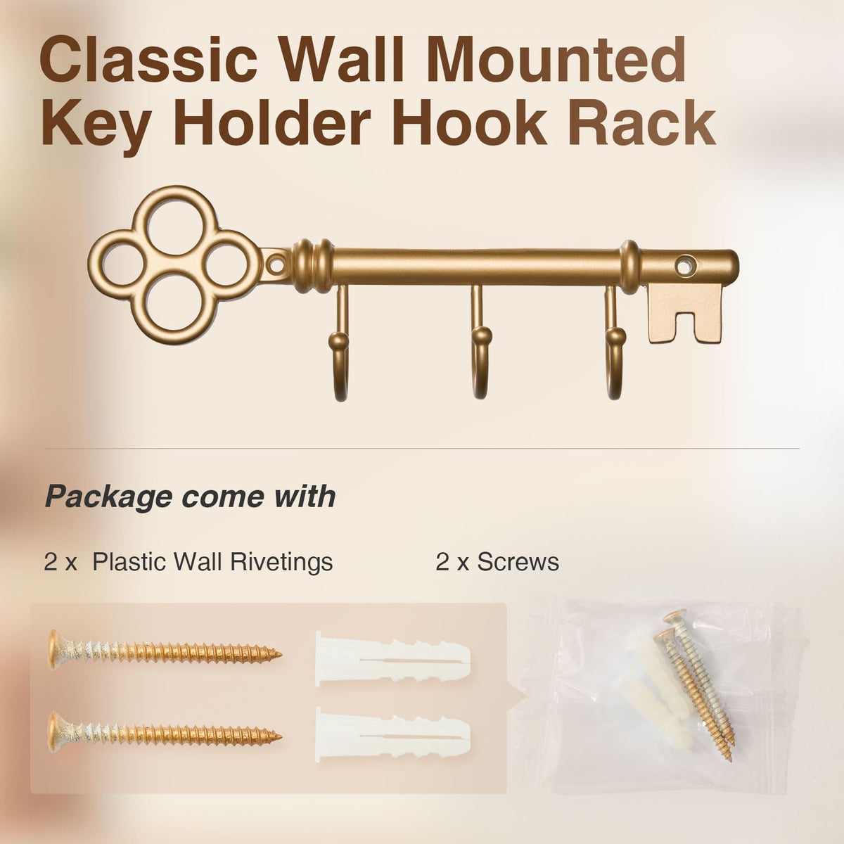 FantasHome Classic Wall Mounted Key Holder Hook Rack, Vintage Key Rack for Entryway (Gold)