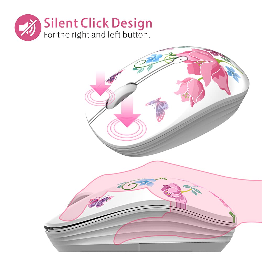 TENMOS M101 Wireless Mouse Cute Silent Computer Mice with USB Receiver, 2.4G Optical Wireless Travel Mouse 1600 DPI for Laptop, Notebook, PC, Computer (Butterfly)