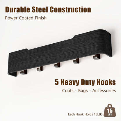 Nevsokio Coat Rack Wall Mount with Hidden Hooks, Wall Hooks with Shelf, Wall Key Holder Mount Wooden Shelf Entryway Hooks for Bedroom Bathroom for Hanging Coats Hats Bags Towels (Black, 5 Hooks)