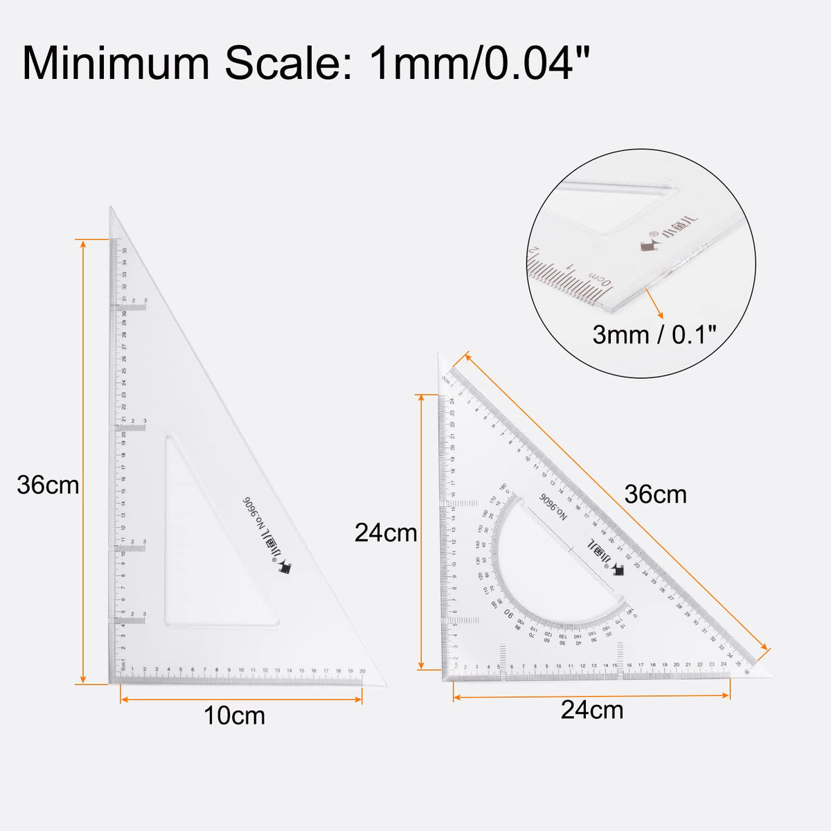 HARFINGTON 2piece Triangle Ruler Square Set 36cm 30/60 and 45/90 Degrees Measuring Tools for Classrooms Home Office, Transparent