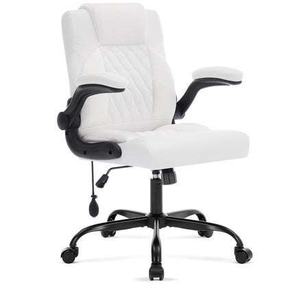 Office Chair with Adjustable Inflatable Lumbar Support,Leather Ergonomic Computer Desk Chair with Flip-up Arms,Adjustable Tilt Lock,Swivel Rolling Executive PC Chair for Work,Study,Meeting.White
