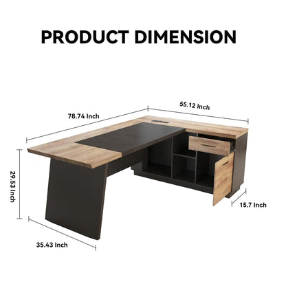 SAINTCY L-Shaped Executive Desk, 78.74 Inches Large Office Desk, Modern Computer Table Set with Drawers & Storage Shelves, Business Workstation for Home Office, Right Return