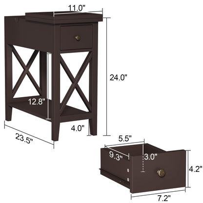 ChooChoo End Table, Flip Top Narrow End Table with Drawer, Accent Small Side Table Nightstand for Living Room, Bedroom, and Small Spaces, Espresso