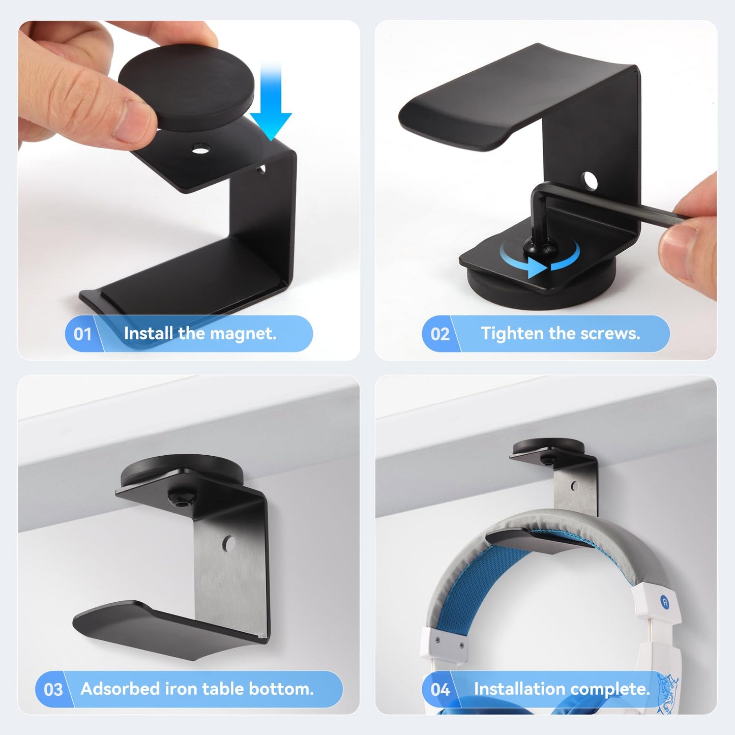 Bonsture Magnetic Headphone Holder, Headset Hooks, Aluminum Headphone Hanger for Desk & Table, Headphone Mount Stand with Rubber Pad, Compatible with All Gaming Headsets (Black)