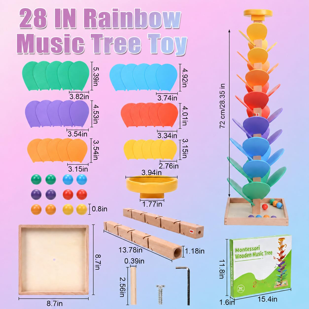 Rainbow Music Tree Toy, Wooden Marble Run Ball Drop Toy for Kids Ages 3+