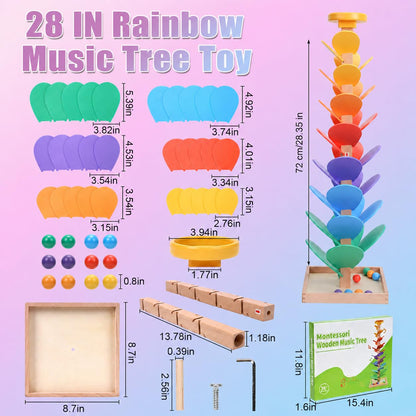 Rainbow Music Tree Toy, Wooden Marble Run Ball Drop Toy for Kids Ages 3+