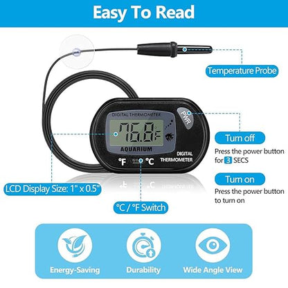 DaToo Aquarium Thermometer with Large LCD Display Fahrenheit/Celsius(℉/℃) Fish Tank Thermometer for Aquarium Reptile Terrarium Digital Water Thermometer with Suction Cup(4 Pack)