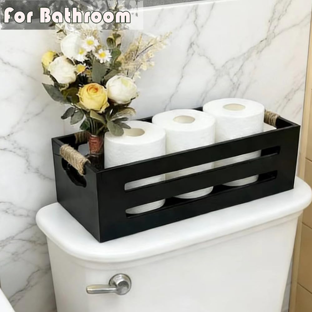 2Pack Wooden Bathroom Storage Crates with Rope Handles - Rustic Farmhouse Toilet Tank Topper Organizer Bin for Toilet Paper, Bathroom Decor, Kitchen Countertop & Home Organization (Black)