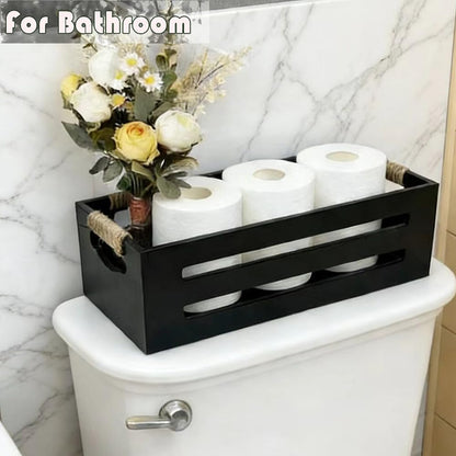 2Pack Wooden Bathroom Storage Crates with Rope Handles - Rustic Farmhouse Toilet Tank Topper Organizer Bin for Toilet Paper, Bathroom Decor, Kitchen Countertop & Home Organization (Black)