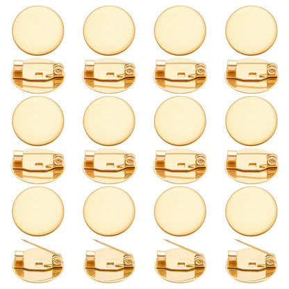 UNICRAFTALE 24Pcs 18K Gold Plated Flat Brooch Base Pad Trays 15mm Stainless Steel Brooch Clasps Pin Back Metal Safety Pin Disk Base Brooches Settings for Craft Jewelry Making Accessories