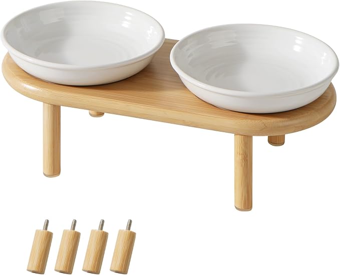 Havniva Elevated Cat Bowls Raised Ceramic Cat Bowl, 5.7” Wide Opening Cat Food Bowl Whisker Friendly Cat Dish Anti-Slip with Bamboo Stand, Shallow Pet Food & Water Bowl for Indoor Cats