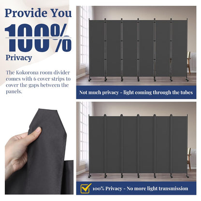 Kokorona 6 Panel Room Divider, 6FT Tall Rolling Privacy Screen with Lockable Wheels, Folding Wall Dividers Portable Room Divider for Room Separation, Included - Cover Strips, Grey, 119''W x 70''H