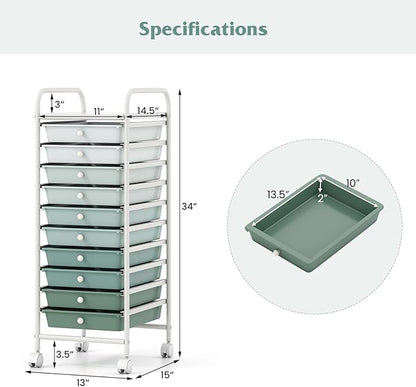 Giantex 10-Drawer Rolling Storage Cart w/Wheels, Handle, Removable Drawers, Mobile Organizer Storage Unit, Trolley Utility Cart for Home Kitchen Living Room Office Play Room, Green Gradient