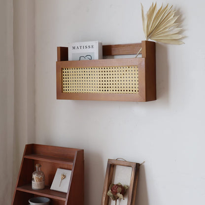 FRIADE Wall Wood Magazine Rack with PE Rattan Grid,Size 17.3" x 4" x 9.4",File Holder For Entryway, Living Room, Waiting Room, Kids’ room,Office（Brown）