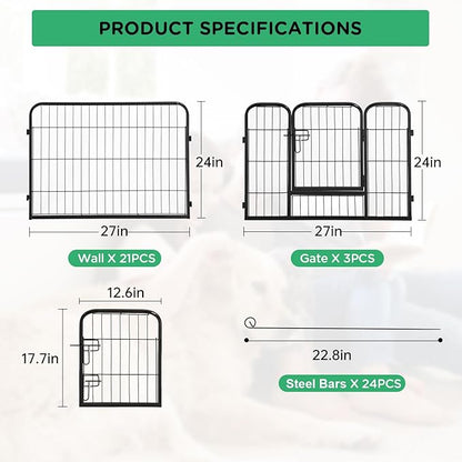 BestPet | Dog Playpen | 24 Inch, 24 Panels | Heavy Duty Metal Pet Exercise Pen | Indoor Outdoor Fence Panels | Rust-Resistant, Removable, Tool-Free Setup | Anti-Skid, Expandable Design