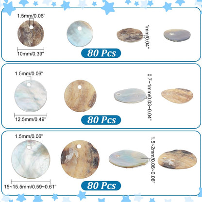 PH PandaHall 240 Pieces 3 Styles 10/12/15mm Natural Shell Beads, Flat Round Mother of Pearl Beads Shell Coin Charms Bead for Craft Making, Home Decoration, Necklace, Bracelet DIY