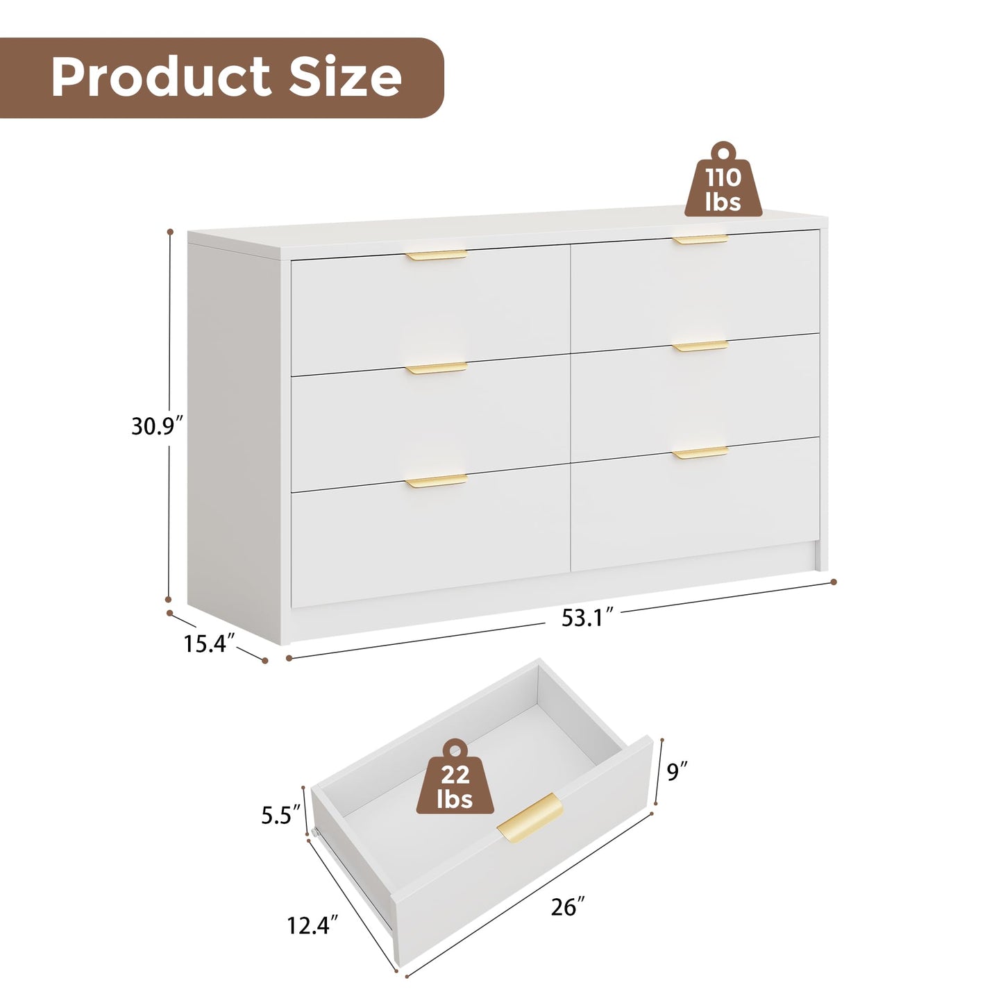 MapleGrace 53" Wide 6 Drawer Dresser for Bedroom, Modern Simple Wood Dresser Chest of Drawers Closet Store Organizer for Living Room, Hallway (White, 15.4" D x 53.1" W x 30.9" H (6 Drawers))