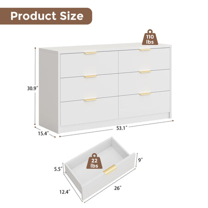 MapleGrace 53" Wide 6 Drawer Dresser for Bedroom, Modern Simple Wood Dresser Chest of Drawers Closet Store Organizer for Living Room, Hallway (White, 15.4" D x 53.1" W x 30.9" H (6 Drawers))