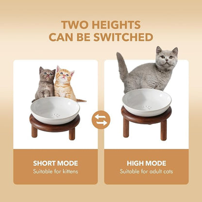 Havniva Elevated Cat Bowls Raised Ceramic Cat Bowl, 5.7” Wide Opening Cat Food Bowl Whisker Friendly Cat Dish Anti-Slip with Wood Stand, Shallow Pet Food & Water Bowl for Indoor Cats