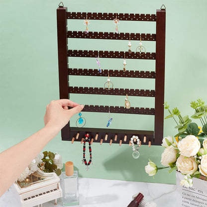 PH PandaHall Wall-Mounted Wooden Jewelry Rack, Wood Hanging Earring Holder Organizer Earring Studs Display Rack for 155 Pairs Earrings Stud Earring Home Boutique Jewelry Storage, Coconut Brown