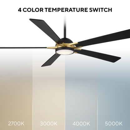Rotary Indoor and Outdoor 5-Blade 65in Smart Home Ceiling Fan in Matte Black Soft Brass with 2700-3000-4000-5000K Selectable LED Light Kit and Remote Control works with iOS or Android WAC App