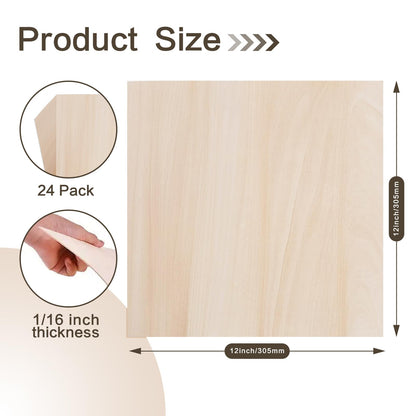 Balsa Wood Sheet, 24 Pack Plywood Sheets, Basswood Sheets 12X12X1/16 Inch, Unfinished Wood Boards Blanks for Laser Cutting, Engraving, Burning, Crafts((H305/17-24)