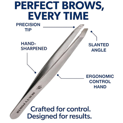 Beauty Power Slant Tip Precision Tweezers - Stainless Steel Eyebrow Tweezers for Women & Men - Precision Tweezers for Facial Hair, Ingrown Hair & Brow Shaping - Professional Beauty Tool (Grey)