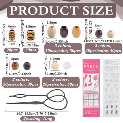 PH PandaHall 190PCS Wooden Hair Braid Beads 10 Styles Loc Dreadlock Jewelry African Tube Bead Rondelle Beads Large Hole Macrame Bead with Plastic Hair Braiding Tool for Jewelry Making Necklace