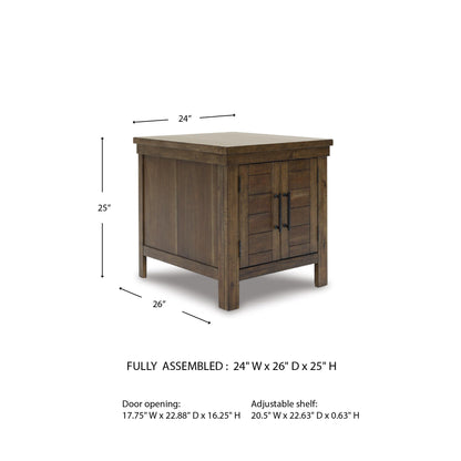 Signature Design by Ashley Moriville Rustic Farmhouse Rectangular End Table with Dual Cabinet Doors, Antique Bronze-Tone Hardware, Wood, 25" High, Brown