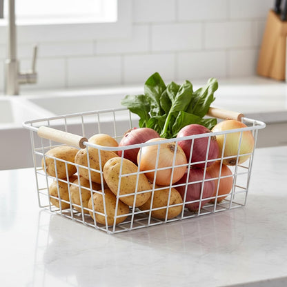 HDYOUDO White Metal Wire Food Storage Basket with Wooden Handles for Organizing Snack Basket,Pantry Organizers and Storage for Kitchen Cabinets 4 Pack (Medium)