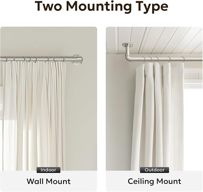 Zeerobee Curtain Rods for Windows 72 to 144, 1 Inch Industrial Wrap Around Brushed Nickel Curtain Rod, Indoor/Outdoor Room Divider Adjustable Drapery Pole, 72"-144"