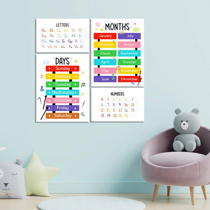 Colourful Alphabet Educational Wall Decor,Abc Chart Number Chart Educational Wall Art Canvas Frame Poster Print for Classroom Homeschool Nursery Wall Decor Set of 6