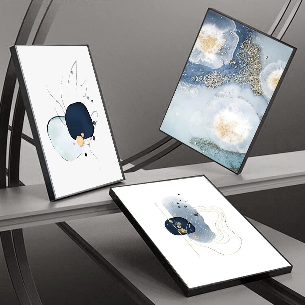 3 Framed Abstract Canvas Wall Art, Artwork in Blue, White and Grey, Simple and Elegant for Living Room Bedroom Office Decor