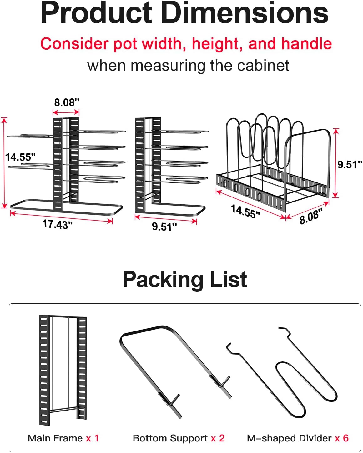 MUDEELA Pots and Pans Organizer Rack under Cabinet 14.55in Height, 8-Tier Kitchen Cabinet Organizers and Storage, Light-Duty Adjustable Pot Racks, Pan Organizers inside Cabinet with 3 DIY Methods
