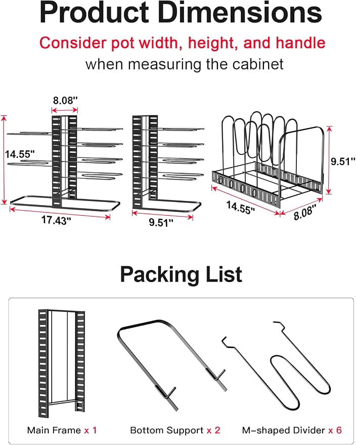 MUDEELA Pots and Pans Organizer Rack under Cabinet 14.55in Height, 8-Tiers Adjustable Pot Rack with 3 DIY Methods, Pot Lid Organizer inside Cabinet for Kitchen Pantry Organization and Storage