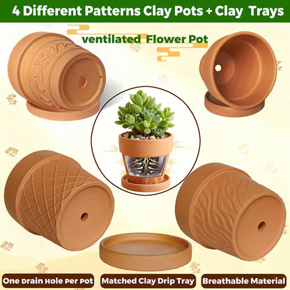 MUZHI 4Sets Round Terracotta Pot with Drainage Tray 6.5” 4.1”, Decorative Breathable Patterned Clay Plant Planter Pot Indoor Outdoor Plants Flowers Succulents Herbs cactus (4 Pack Cylindrical Pots)