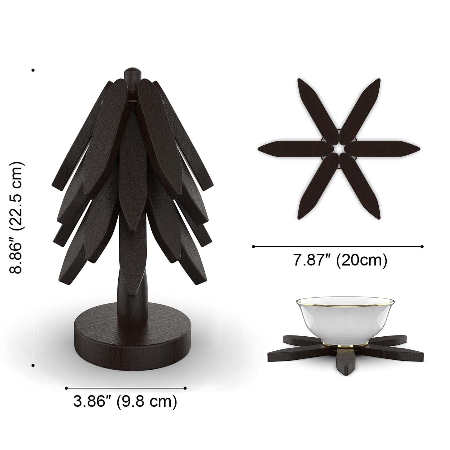 Wooden Trivets for Hot Dishes,Tree Shape Trivet Set, 4 Wooden Trivets+1 Stand, Natural FoldableKitchen Wooden Trivet for Hot Dishes、Pot、Bowl、Teapot、Hot Pot Holders (Black)