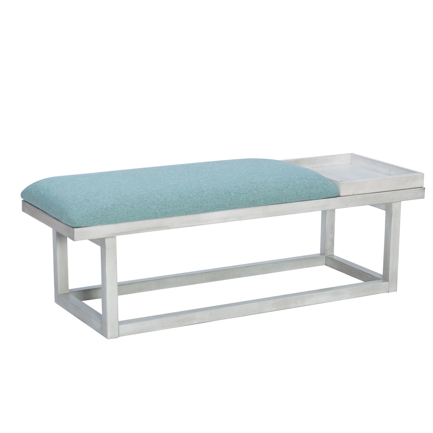 Powell Oakland White Washed Wooden Bench with Aqua Upholstered Seat and Removable Wood Tray