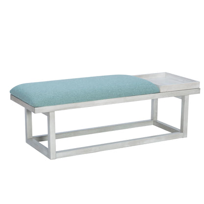 Powell Oakland White Washed Wooden Bench with Aqua Upholstered Seat and Removable Wood Tray