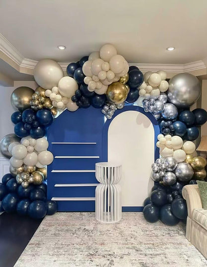 ADOINBY Navy Blue Silver White Balloon Arch Kit, Double Stuffed Pearl Sand White Royal Dark Blue Chrome Silver Confetti Balloons Garland Kit for Birthday Graduation 2026 New Years Party Decoration