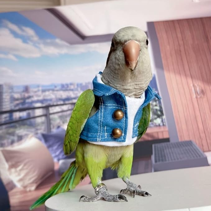 Bird Costume Bird Diaper Flight Suit Bird Jeans Fake Two Pieces Bird Clothes Cosplay Photo Prop for Parrots Lovebird Parakeet Cockatiel Small Animals Apparel (with Diaper,Green-cheeked Conure)
