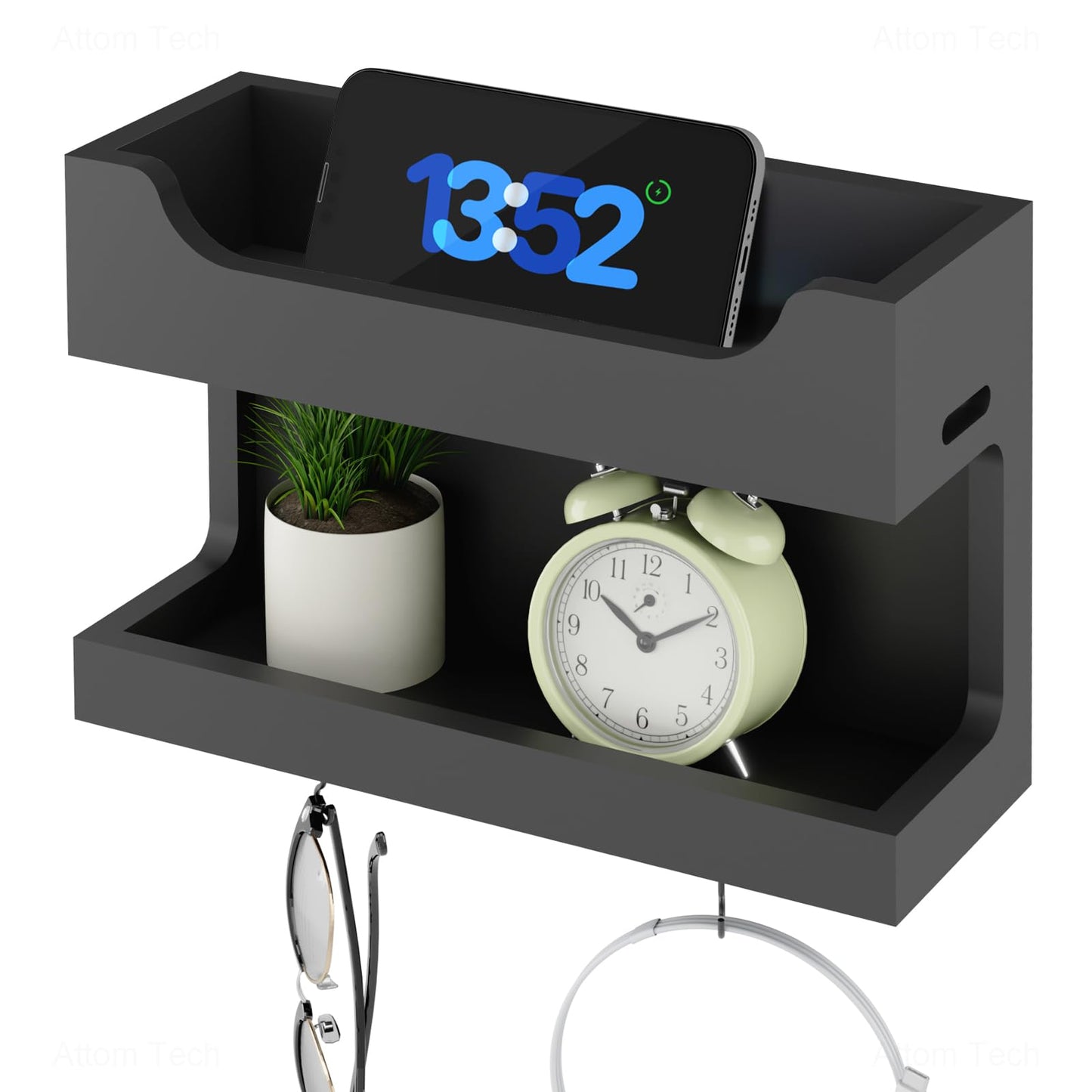 NiHome Wall Mounted Wooden Bedside Accessories Organizer, Double Tray Bedside Storage Shelf Rack with Magnetic Hooks, Bedroom Dorm RV Wall Caddy Holder for Phone Glasses Alarm Clock Remote (Black)